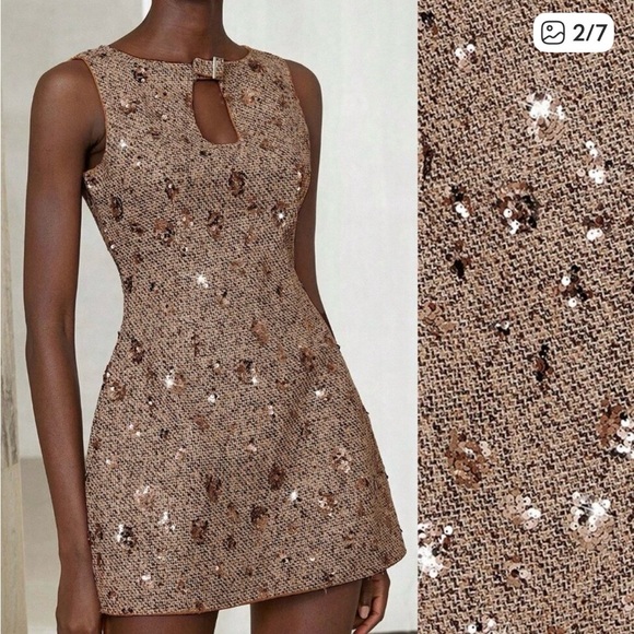 Brown Party Women's Mixed Tweed Fabric With Sequins Design mini Dress. - Picture 5 of 13